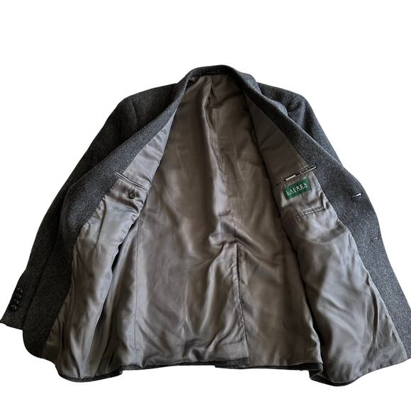 Lauren Ralph Lauren 100% Wool Herringbone Classic 2 Button Gray Blazer Jacket L - Picture 3 of 9